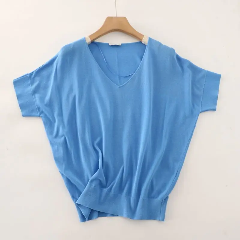 

00% Cotton Summer Thin ort Sve V-Ne Batwing Sve Knitted Sweater Women's Simple Color Crew Ne Pullover Top
