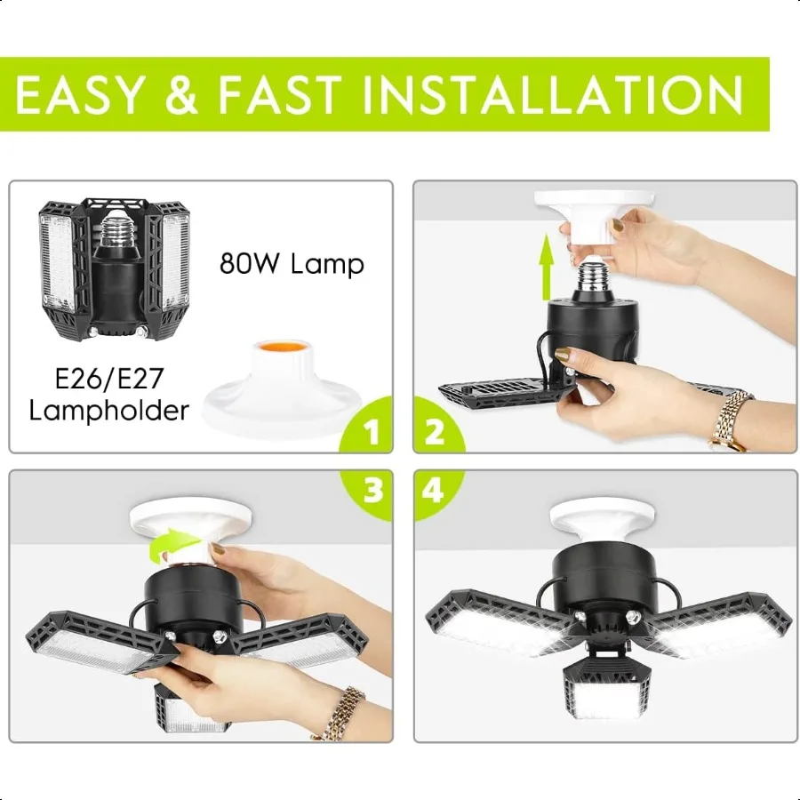 4 Pack Led Garage Lights 60W Deformable Garage Ceiling Light 8000 lm E26 Basement Lights with 3 Adjustable Led Panels Fits for