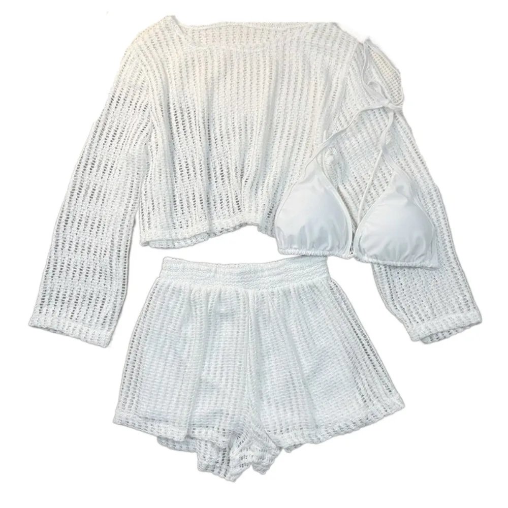 

Loose Long Sleeve Swimsuit Pullover Beachwear Crochet Knit Bathing Suit Sun Protection Hollow Out Three Pieces Set Swimwear