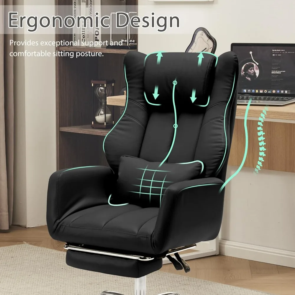 Silla de oficina ergonómica con patas cruzadas para grandes y altas con reposapiés, asiento ejecutivo de cuero, reposabrazos reversibles, soporte lumbar