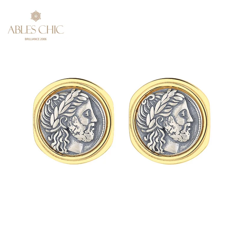 Ables Chic Zeus Greek Coins Solid 925 Silver Roman Coin Irregular Frame Stud Earrings E1004