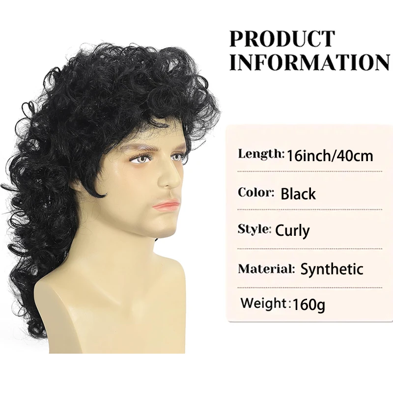 شعر مستعار مجعد البوري للرجال 70s 80s أسود طويل مجعد الباروكات الهبي هزاز حفلة تأثيري حلي أنيمي مقاومة للحرارة الاصطناعية هاي