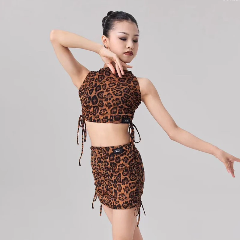 Filles danse latine Lothes sans manches léopard hauts jupe cordon ensemble Cha Cha Rumba danse pratique Performance vêtements DNV24743