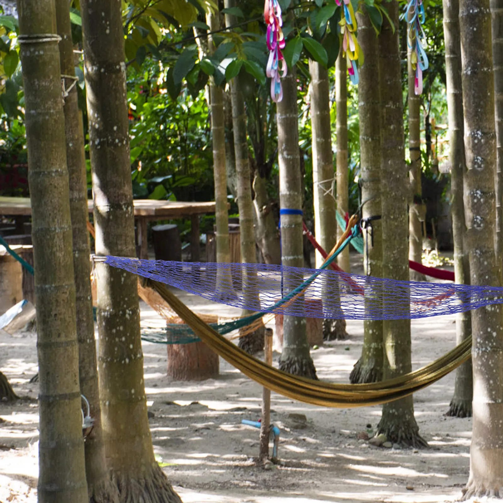 

Portable Nylon Rope Hanging Bed Mesh Hammock for Camping Travel Beach Garden Patio Tree Setup Lightweight Breathable Easy Setup