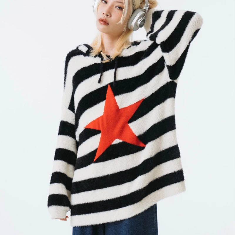 Women's Y2K Knitted Sweater Women's Fashion Striped Long Sleeve Autumn/Winter Hooded Star Hoodie Warm Sweater