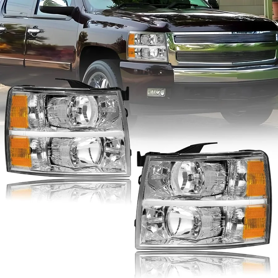 

Pair Halogen Headlights for Chevy Silverado 1500 2500HD 3500HD 2007-2013 New Body Chrome Housing Amber Reflector Front Lights
