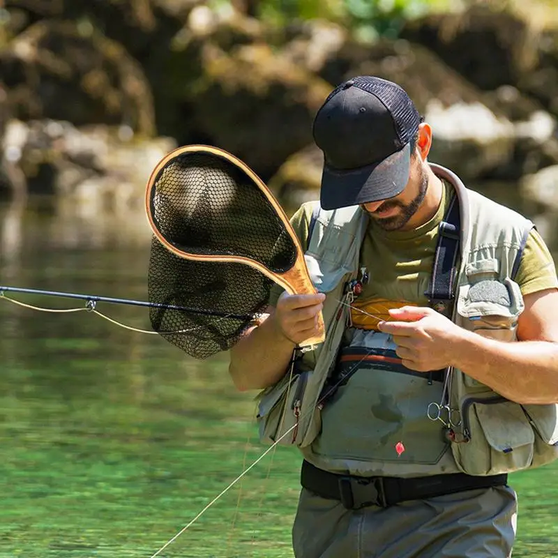 redes de desembarque para pesca ferramenta de pesca bass net com cabo de madeira malha preta segura para peixes captura e liberacao fly net 01