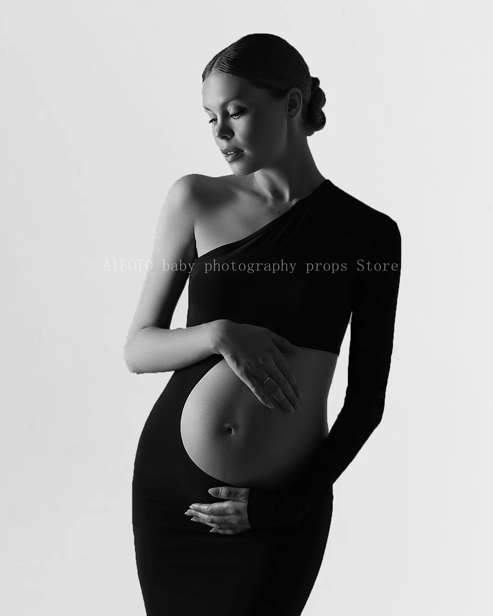 Sexy Hollow Out One Shoulder Long Sleeve Maternity Dress with Milk Velvet Flocking Elegant Dress for Photography Maternity Wear