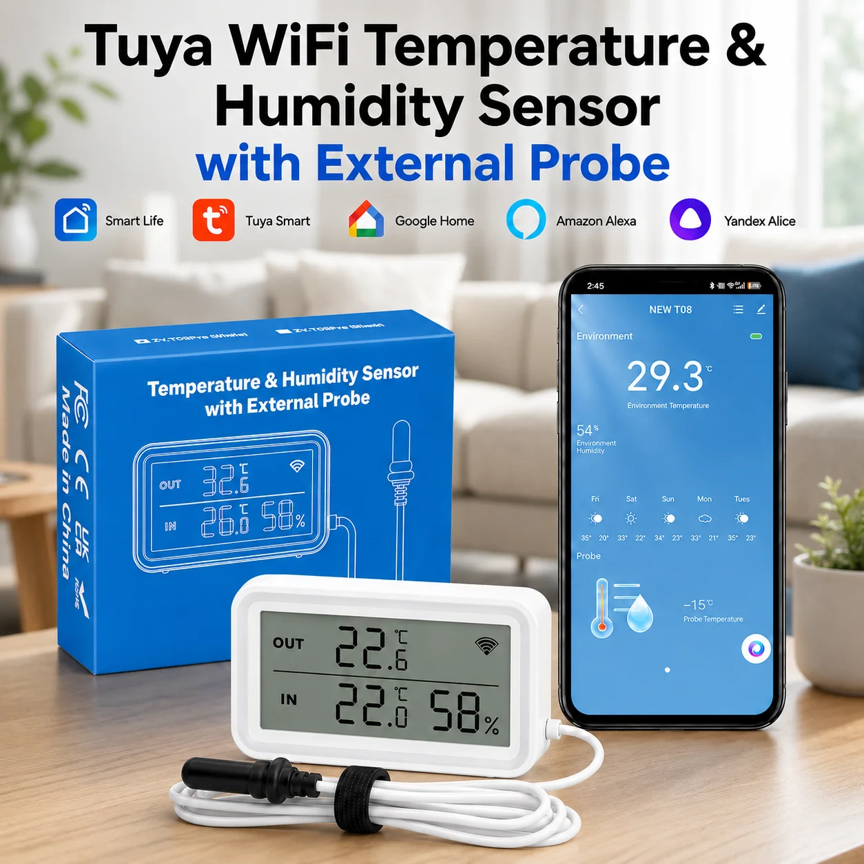 NUOVO Sensore WiFi Tuya per Temperatura e Umidità, Display LCD Digitale, Compatibile con Smart Life e Google Assistant, con Sensore Esterno