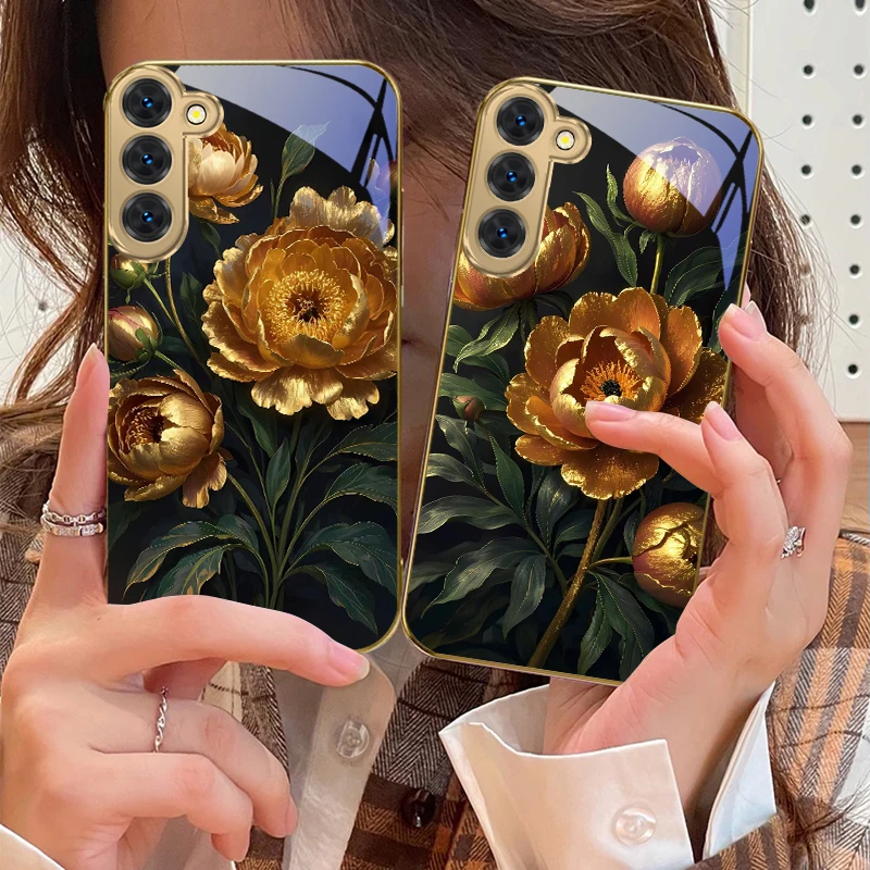 

Prosperous Golden Peony For Samsung Galaxy S20 FE S21 S22 S23 Plus S24 Ultra 25Ultra S21+ S9+ S22Plus Golden glass phone case