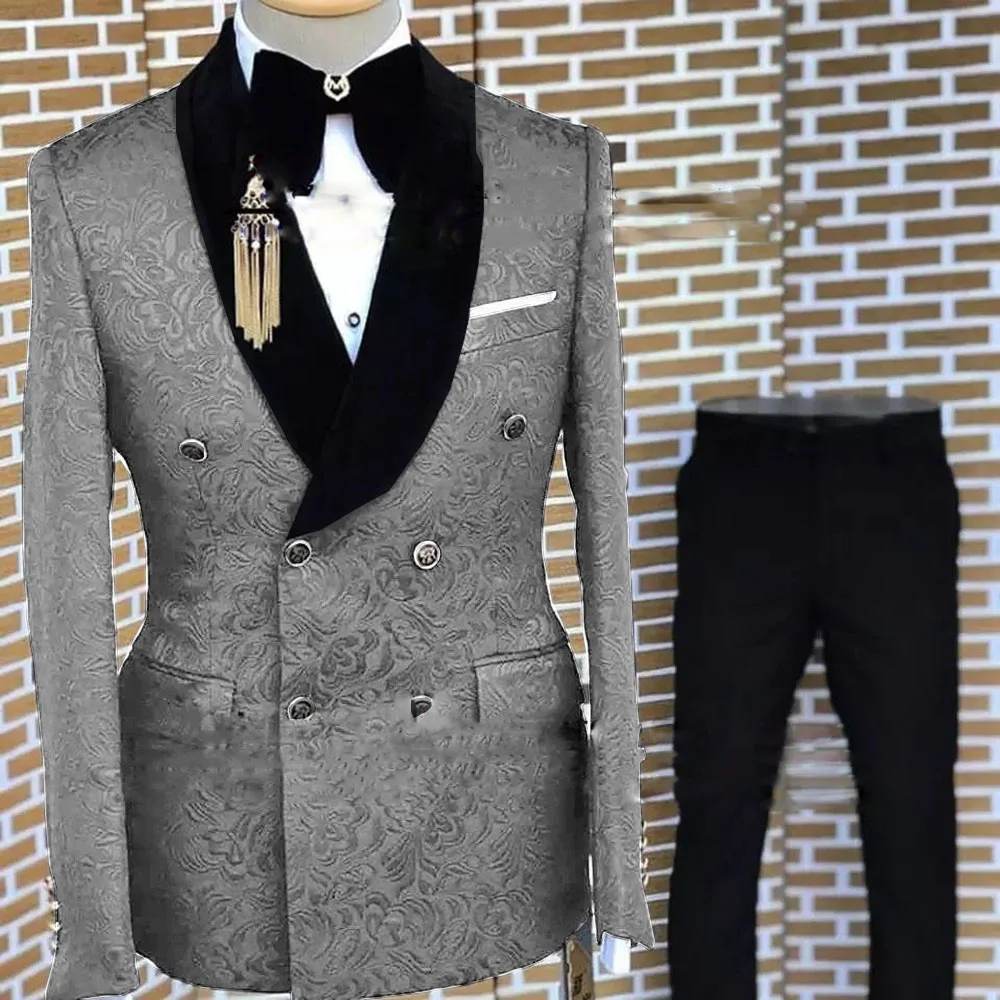 Gray Formal Suit for Men Floral Jacket Pants 2 Piece Set Party Wedding Groom Tuxedo Elegant Men\'s Suit Handsome Blazer