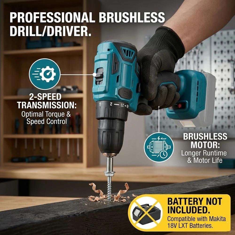 

Brushless Electric Drill Cordless Rechargeable Screwdriver 2 Speed 10mm 23+1 Torque Hand Power Driver Tools Fit Makita Battery