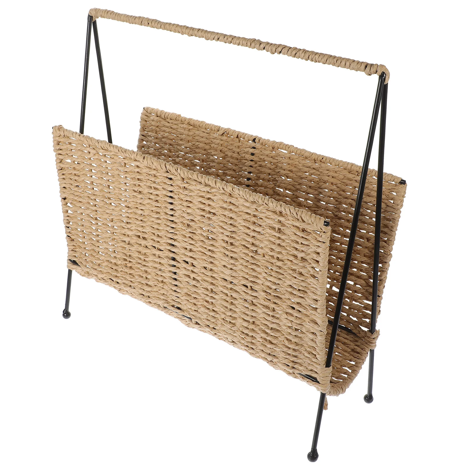 

Book Storage Basket Organizer Home Hand Woven Rustic Bookshelf Stand Rack Iron Frame