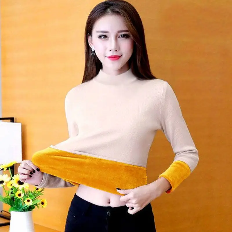 Winter All-in-one Plush Bottom Shirt for Women with Fashionable Inner Wear and Extra Plush Thick Half High Collar Warm Top