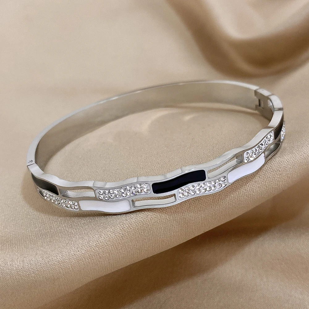 Greatera Stainless Steel White Black Enamel Rhinestone Charm Bracelet Bangles for Women Gold Plated Irregular Bracelets Jewelry