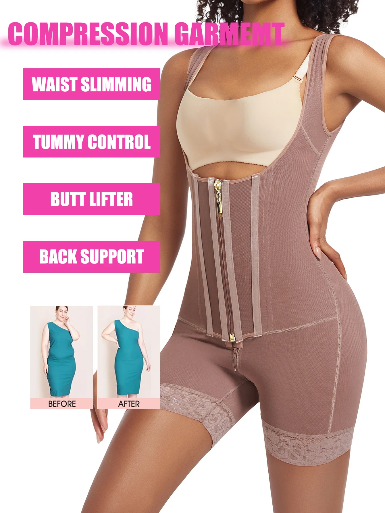 Women's Lace-Trimmed Shapewear Bodysuit High Compression Belly Control Corset with Adjustable Straps & Zipper