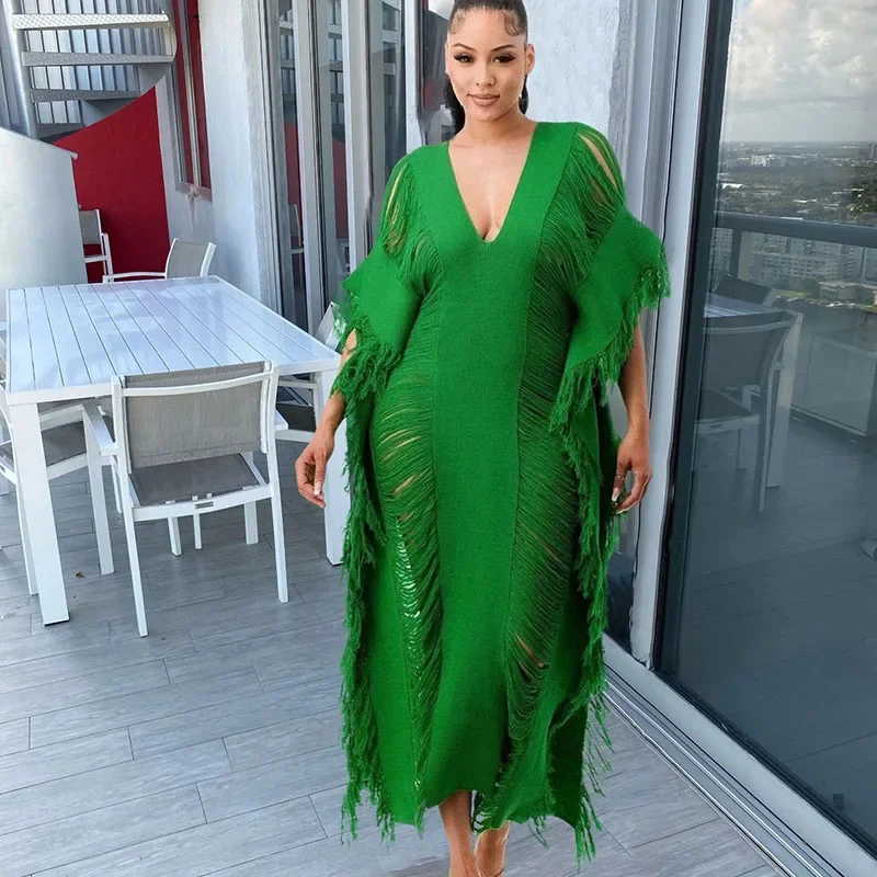Sexy Crochet Knitted Hole Tassel Party Long Dress Fall Outfits Women Nightclub Loose Straight Sheer Maxi Dresses Tunics Vestidos