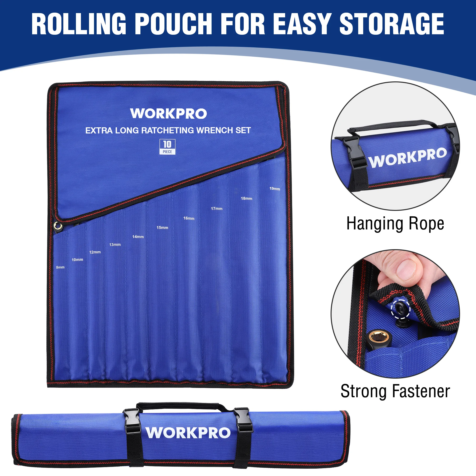 WORKPRO 10pcs 72-Teeth Extra Long Ratcheting Wrench Set Metric 8-19 mm Cr-V Steel and Black Electrophoretic Coating