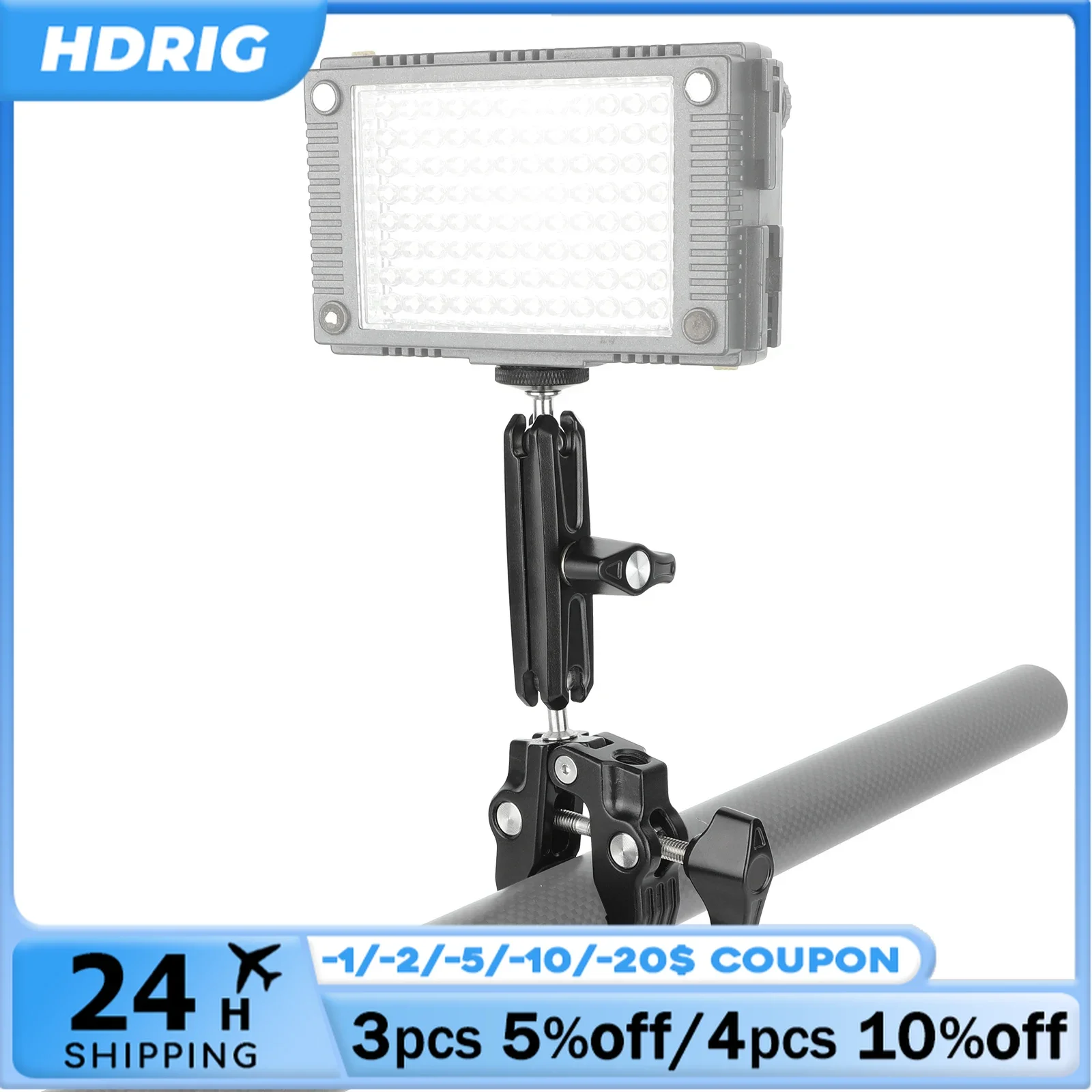 مشبك HDRIG فائق مع مزدوج 360 °   ذراع سحري برأس كروي وفتحة 1/4 بوصة 3/8 بوصة للهاتف وشاشة كاميرا مثبتة على الفيديو وميكروفون بإضاءة LED