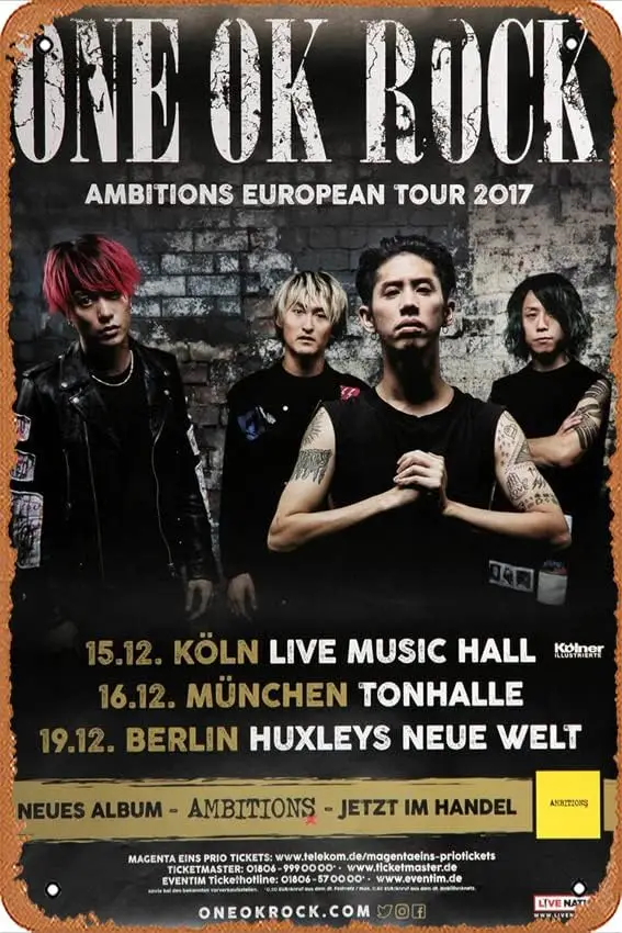 One OK Rock - Ambitions European Tour, All Dates 2017 Plaque Poster Metal Tin Sign ; Vintage Retro Wall Decor