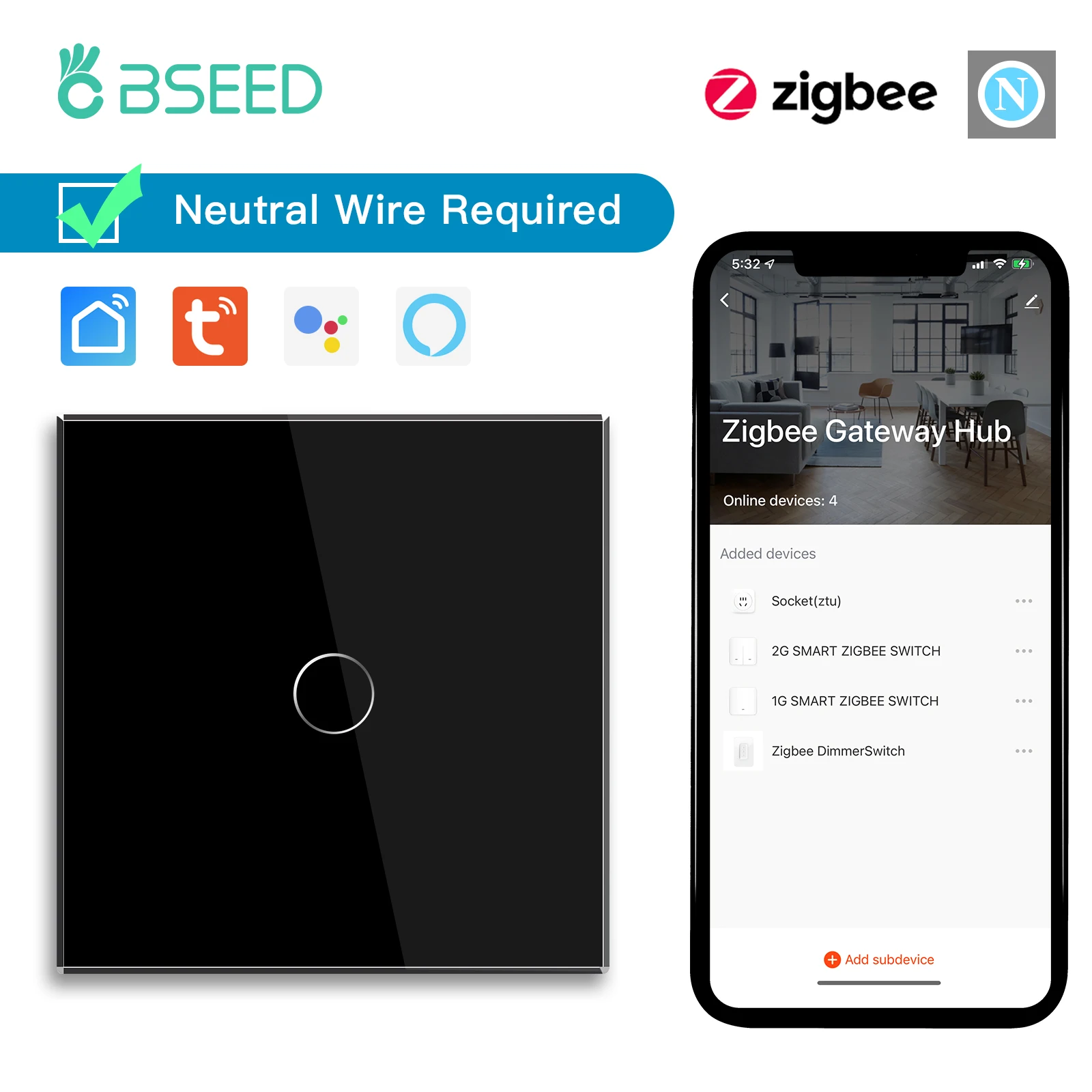 Bseed eu standard zigbee smart switch 1/2/3gang 2way touch lichtsc halter arbeiten mit tuya smart life google home neutral erforderlich