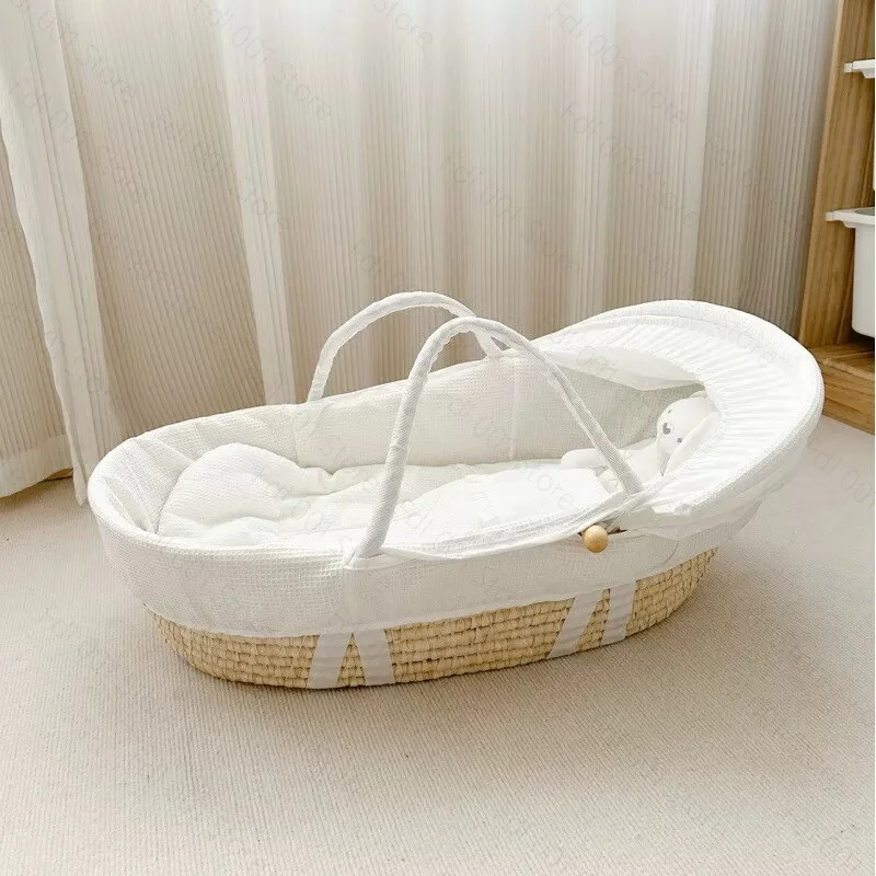 2025 Baby Cradle Handwoven Beige Crochet Bassinet Portable Moses Basket Newborn Lounger with Wooden Stand and Soft Mattress
