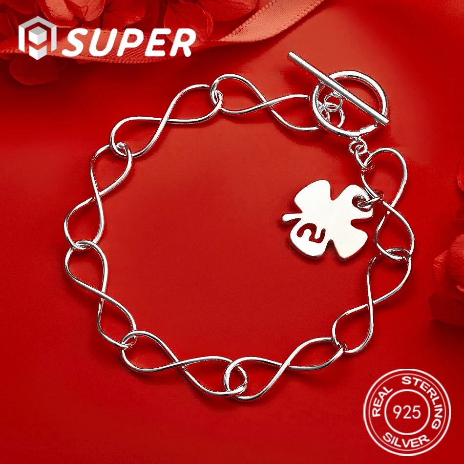 

ALISuper 925 Sterling Silver 8-inch Delicate Four-Leaf Clover Bracelet for Women, Fashionable Wedding Gift Accessory