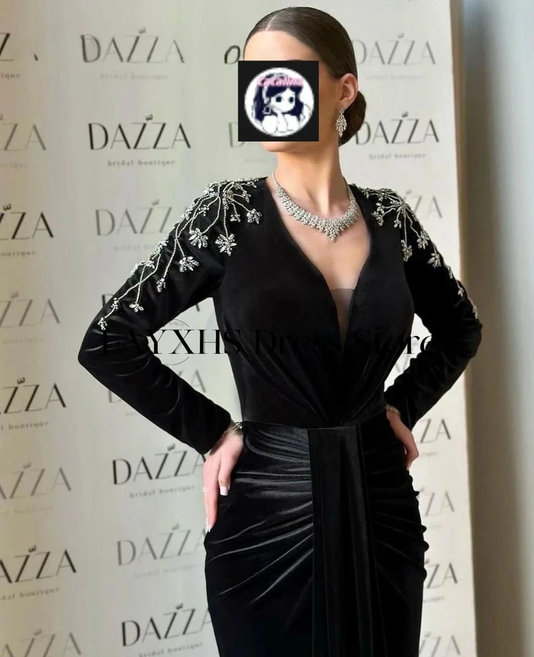 

LAYXHS Elegant Black V-Neck Evening Dresses Applique Beaded Long Sleeve Mermaid Prom Dresses Customized فساتين سهرة