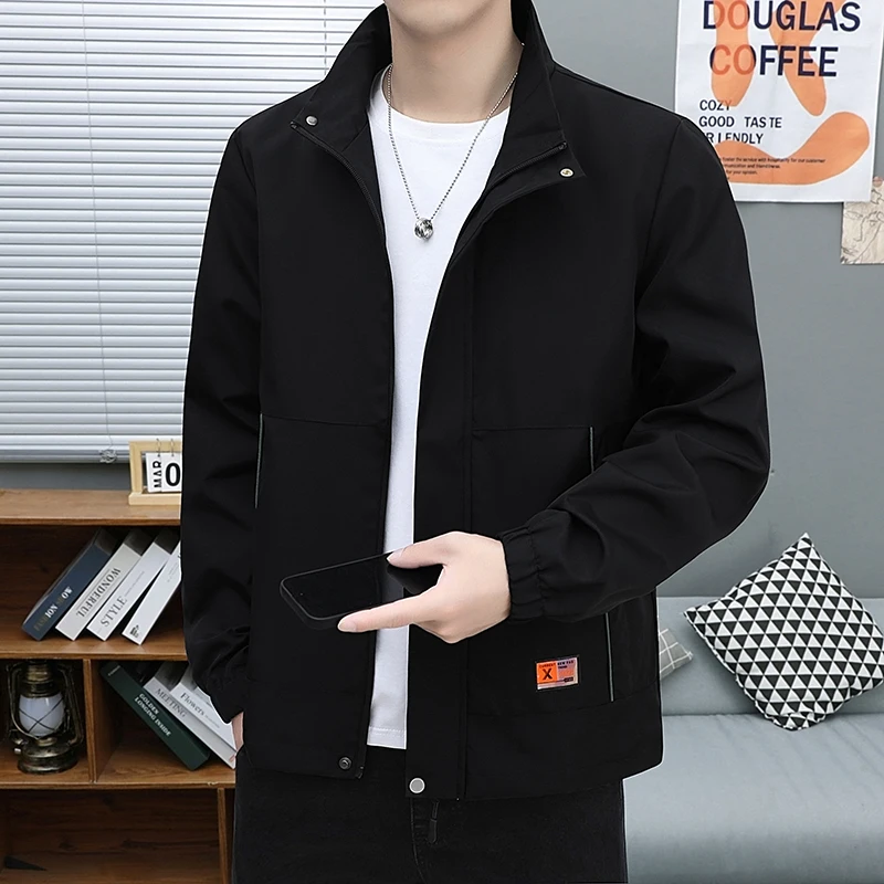 2024 Korean Men's Jacket Spring and Autumn Lining Fleece-lined Outdoor Youth Sports Coat Fashionable Vertical Collar Work Jacket