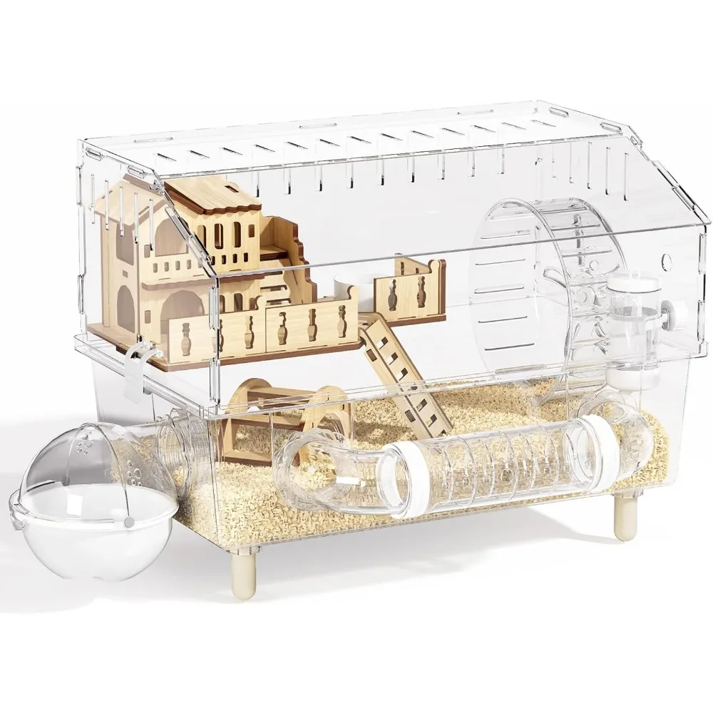 

9-in-1 Acrylic Hamster Cage, Clear Dwarf Hamster Pet Cage with 360° View, 2-Tier Top-Open Syrian Hamster Cages with All Accessor