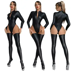 Women Long Sleeve PU Faux Leather Latex Bodysuit + Stocking Sexy High Cut Lingerie Sexy Catsuit One Piece Thong Stage Wear