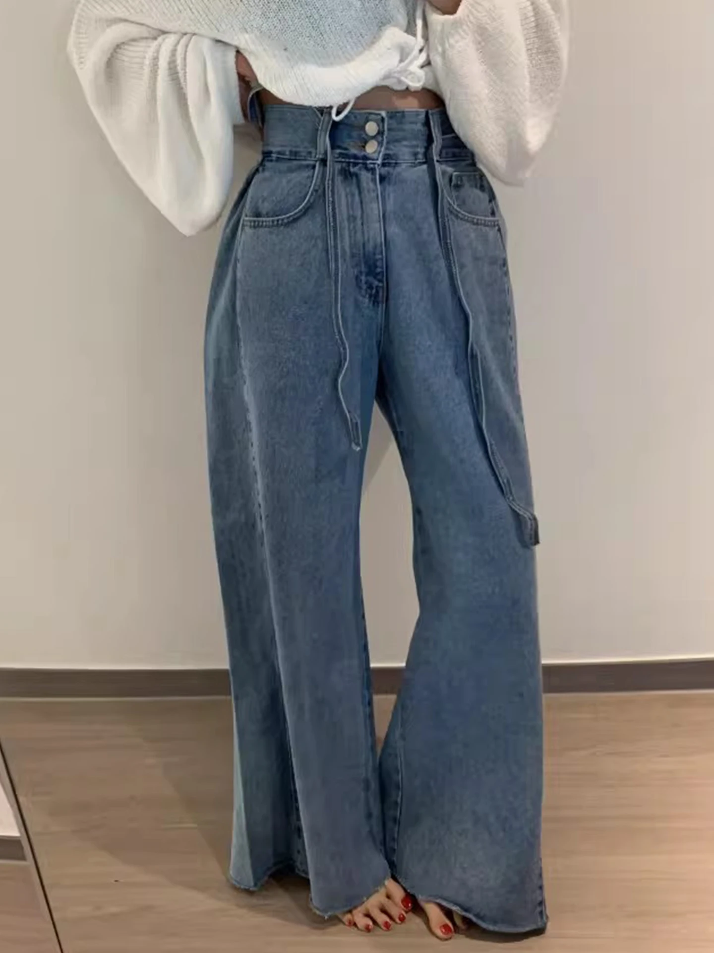 

Ретро джинсы с высокой талией и эффектом потертости, женские, весенние, новые, с поясом, плиссированные, в пол, повседневные, для работы и отдыха