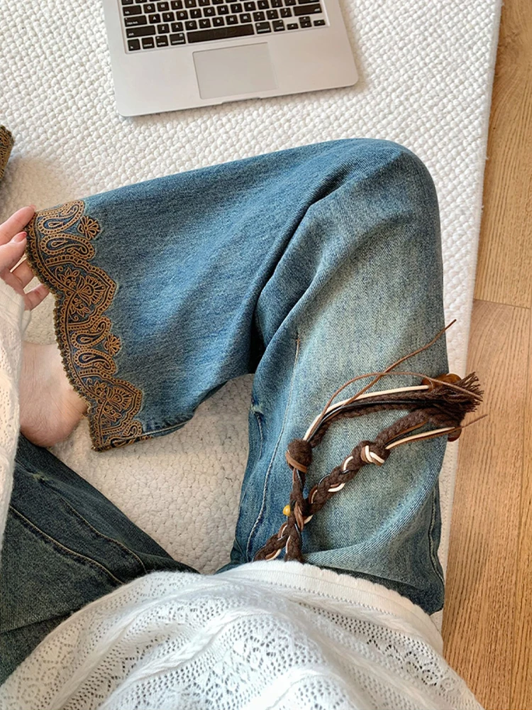 

Американские ретро джинсы с кружевной отделкой и завязками, свободные утягивающие широкие брюки с высокой талией для мужчин и женщин, весна-осень, модные