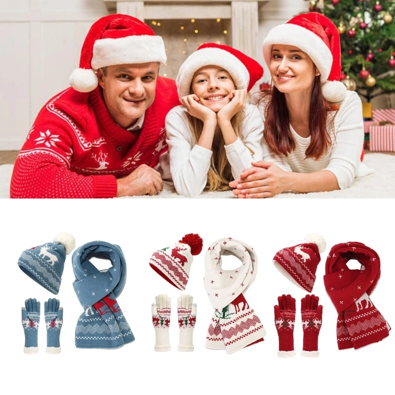 Volwassen Tieners Kerstmuts Sjaal Handschoenen Set Mooie Kerstboom Rendieren Patroon Gebreide Muts Vrouwen Heren Winter Vakantie Outfit