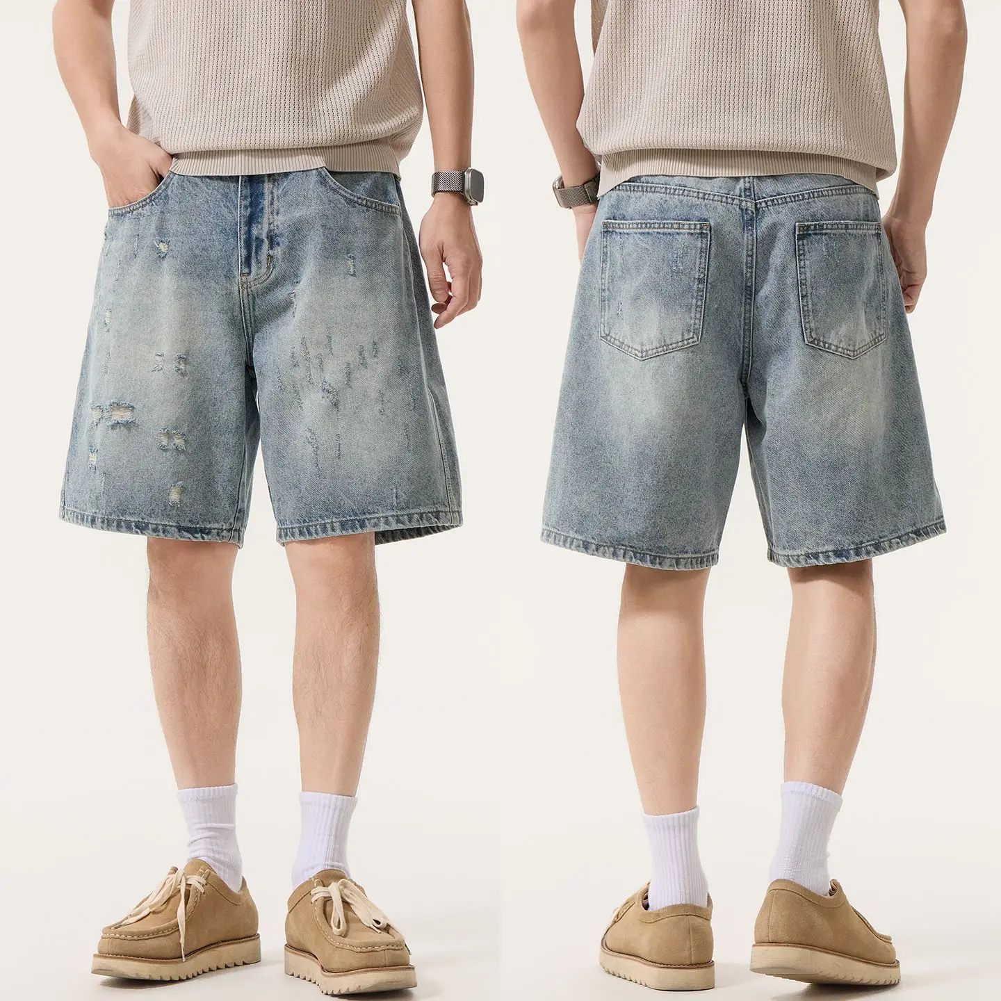

KSTUN Men's Loose Ripped Denim Shorts 2026 Summer New Japanese Streetwear Washed Casual Male Light Blue Wide Leg Denim Short