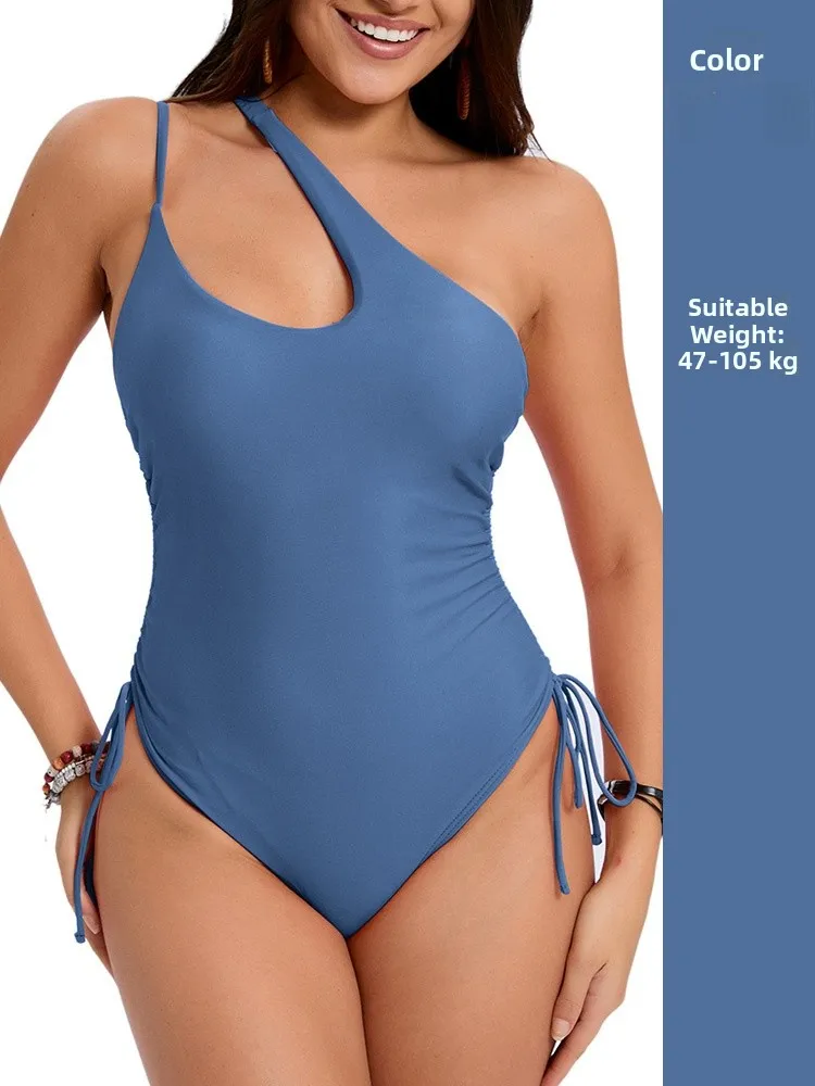 

plus Size Cover up Swimwear Single Shoulder Thermal Spa Slimming Large Swimming Costume Casual Swimsuit Pure Color
