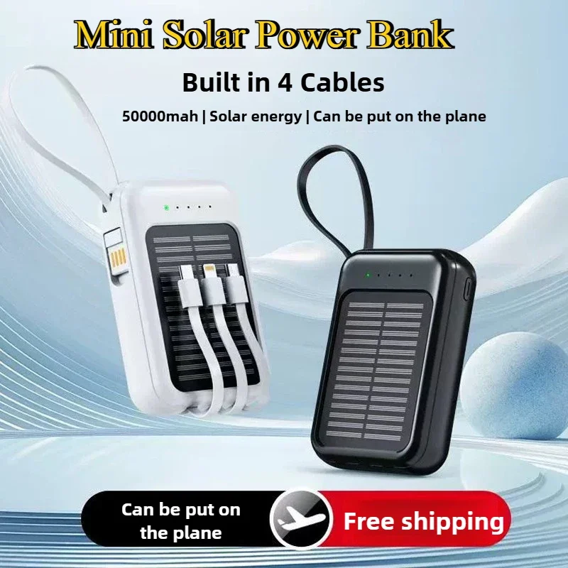 50000mAh Solar Power Bank Super Fast Charging Compact Portable Built-in 4 Cable High Capacity External Battery with Led Light view 2