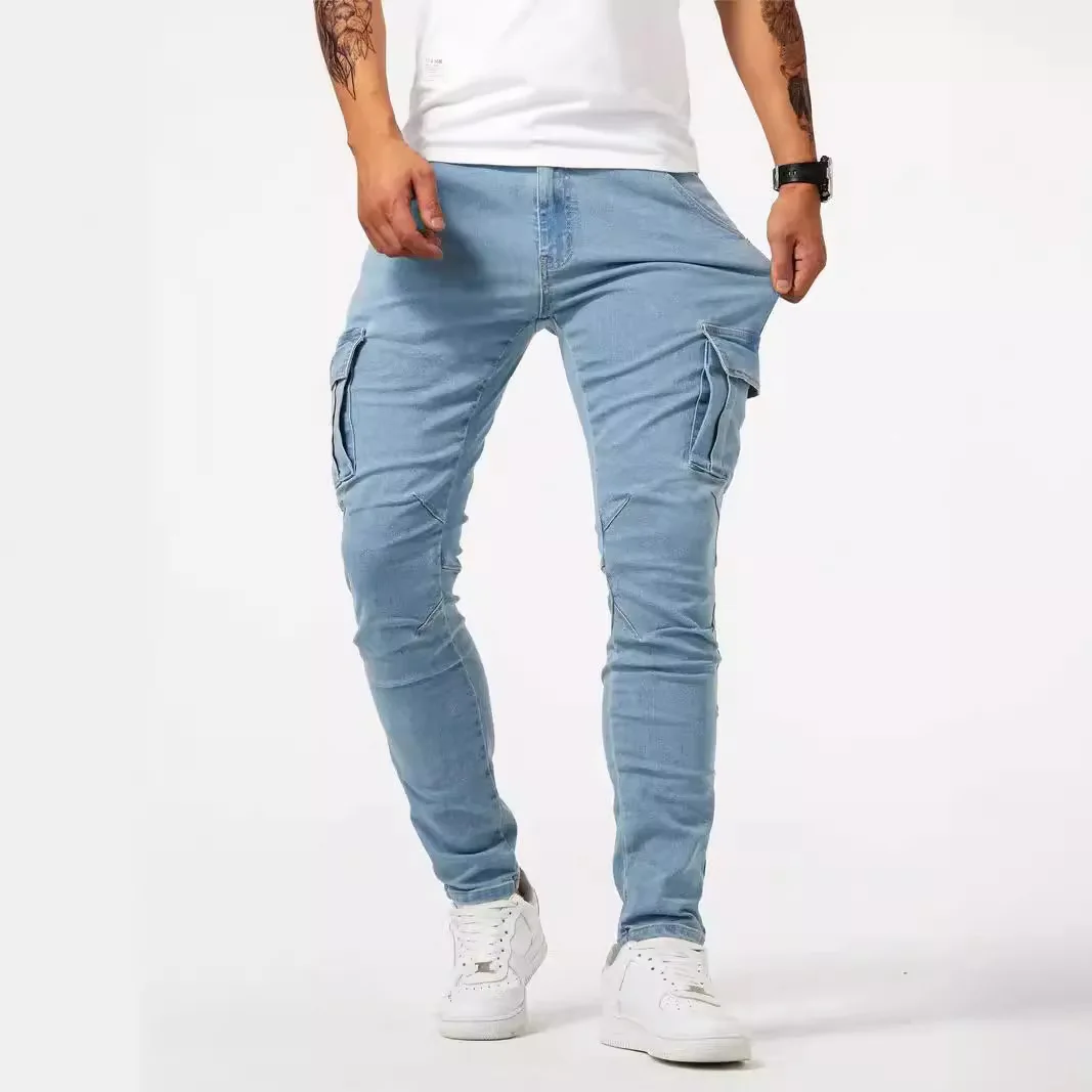 Hommes mode décontracté crayon élasticité jean mâle Multi poche petit mince haute rue Denim pantalon lavage solide bleu foncé pantalon