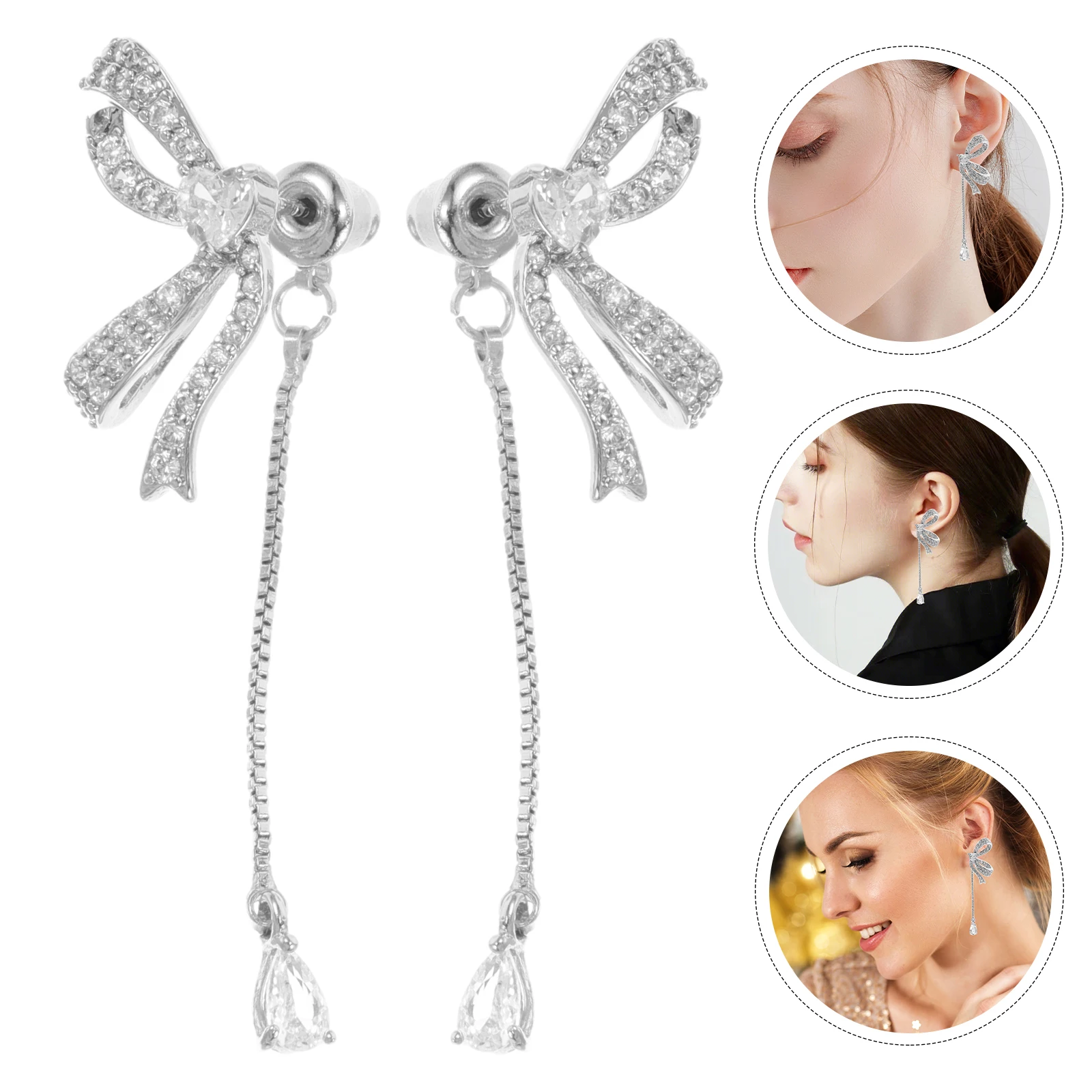 1 Pair Butterfly Bow Rhinestone Earrings For Women Silver Tassel Drop Crystal Statement Sparkly Long Lightweight Zircon Dangle