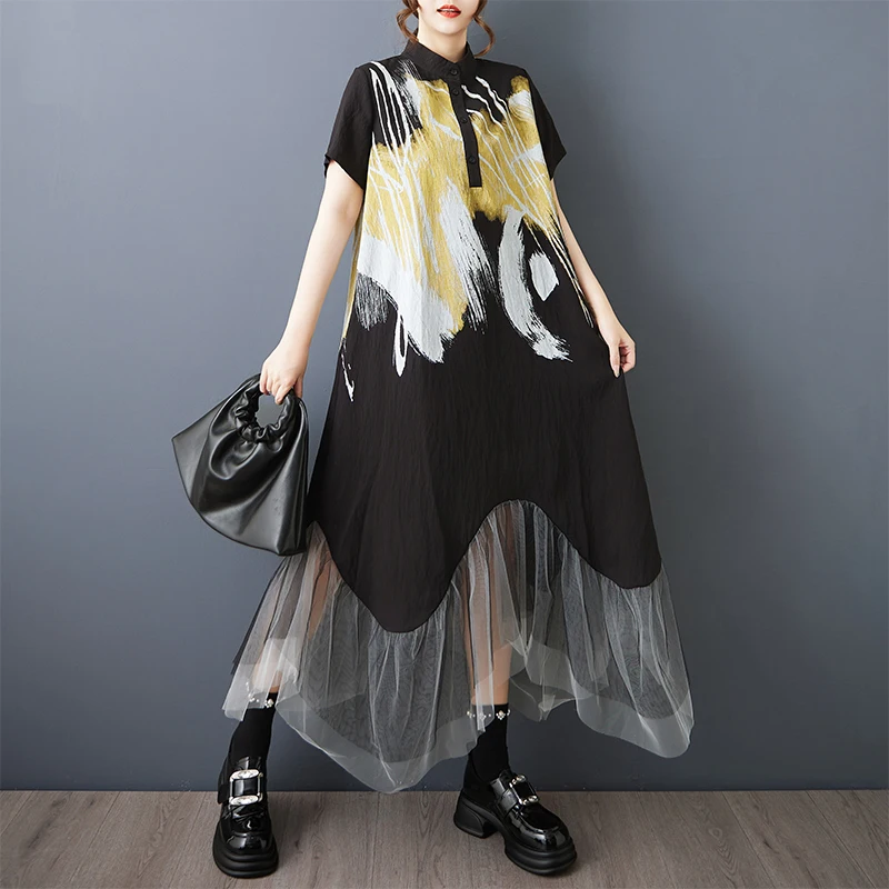 Estate nuovo allentato di grandi dimensioni stampato Me Splice Casual Sweet ort Sve irt Dr sopra il ginocchio misto cotone poliestere Dr