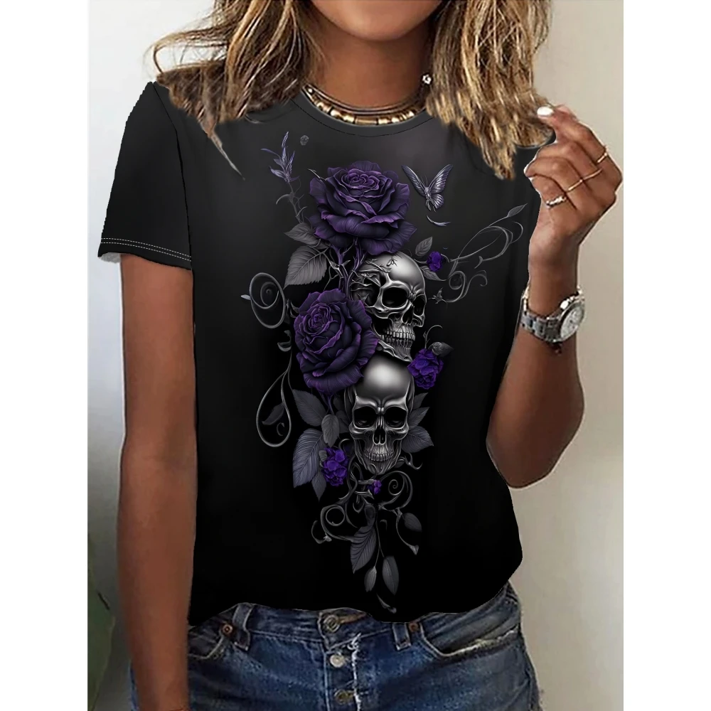 Camiseta feminina de manga curta com decote em O, moda diária, roupa casual, estampa 3D, verão