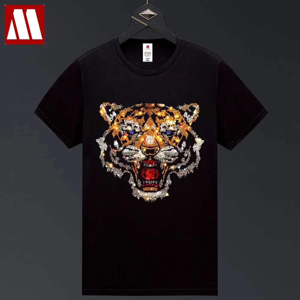 

2025 Factory Wholesale Golden Tiger Diamond Short Sleeve Tees For Man Cotton V Neck Elastical T Shirts S-5XL Men Streetwear