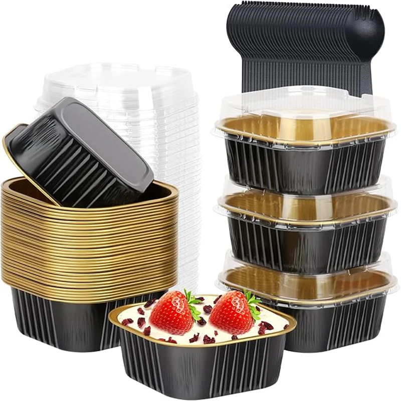 50 Stück Folien-Cupcake-Förmchen, hitzebeständige Aluminium-Kuchenförmchen, quadratische Backförmchen mit Deckel, Küche, Hochzeit, Geburtstag, Party-Versorgung