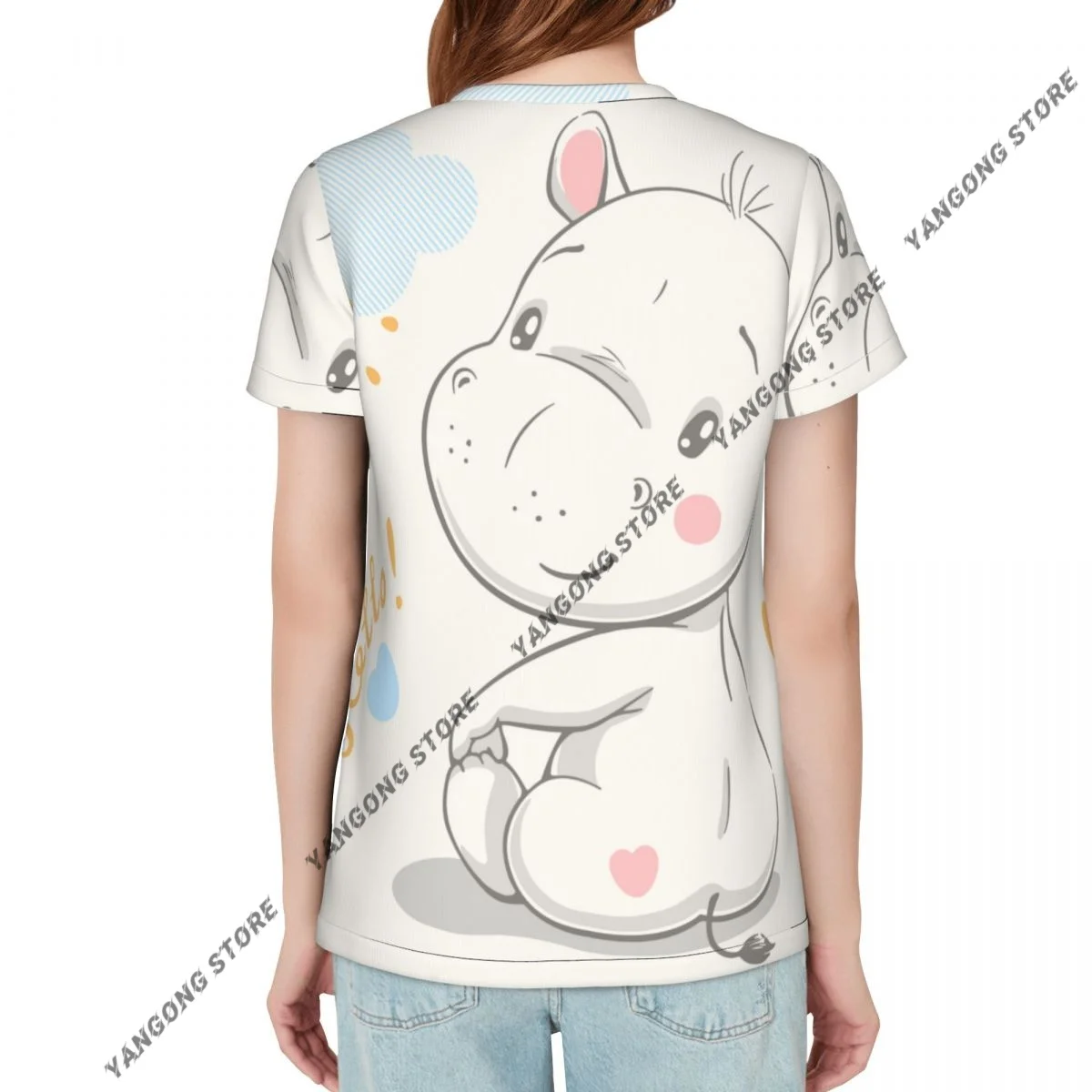 Womens Short Sleeve Cute Hippo Casual Tee Clothing Crewneck Woman T-Shirts