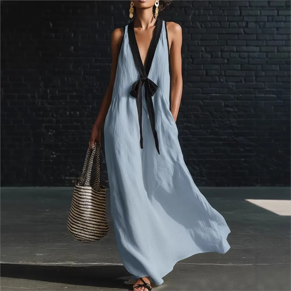 

Elegant Color Block Dress Summer New Women's Sexy V-neck Sleeveless Lace-up Casual Loose Long Dress With Pockets Ropa Mujer