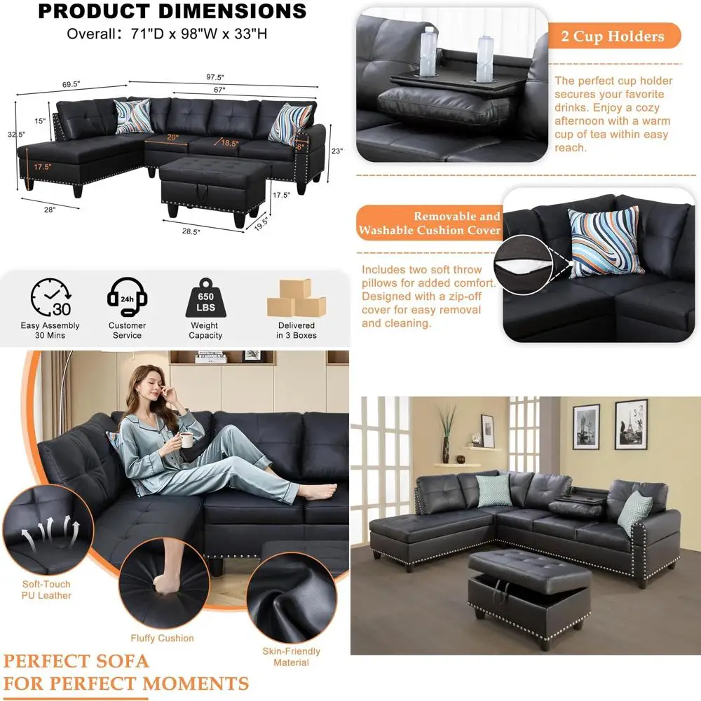 

4-Seat L-Shape Sectional Sofa with Chaise, Ottoman, and Pillows | Black PU Leather Living Room Set | Cup Holders