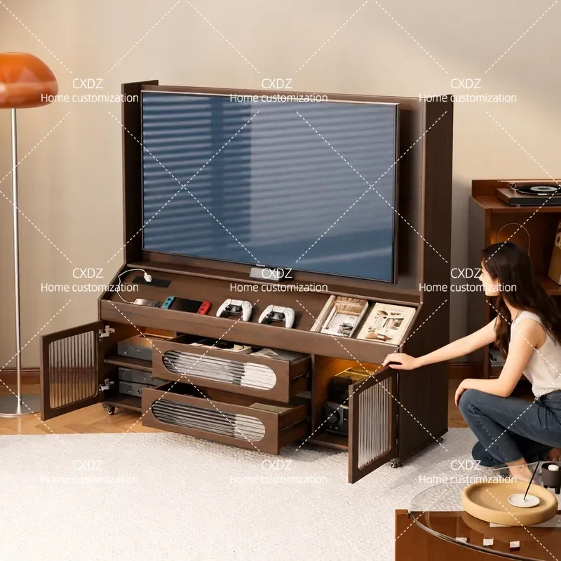 Solid Wood TV Cabinet Removable Rubber Wood TV Stand Living Room Floor Storage Locker for Small Apartment Household Use