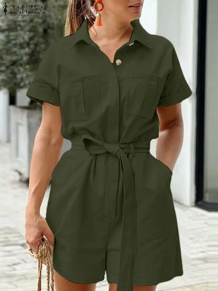 

Elegant Lapel Neck Short Sleeve Wide Leg Rompers ZANZEA Stylish Women Summer Jumpsuits Casual Loose Overalls Fashion Cargo Pants