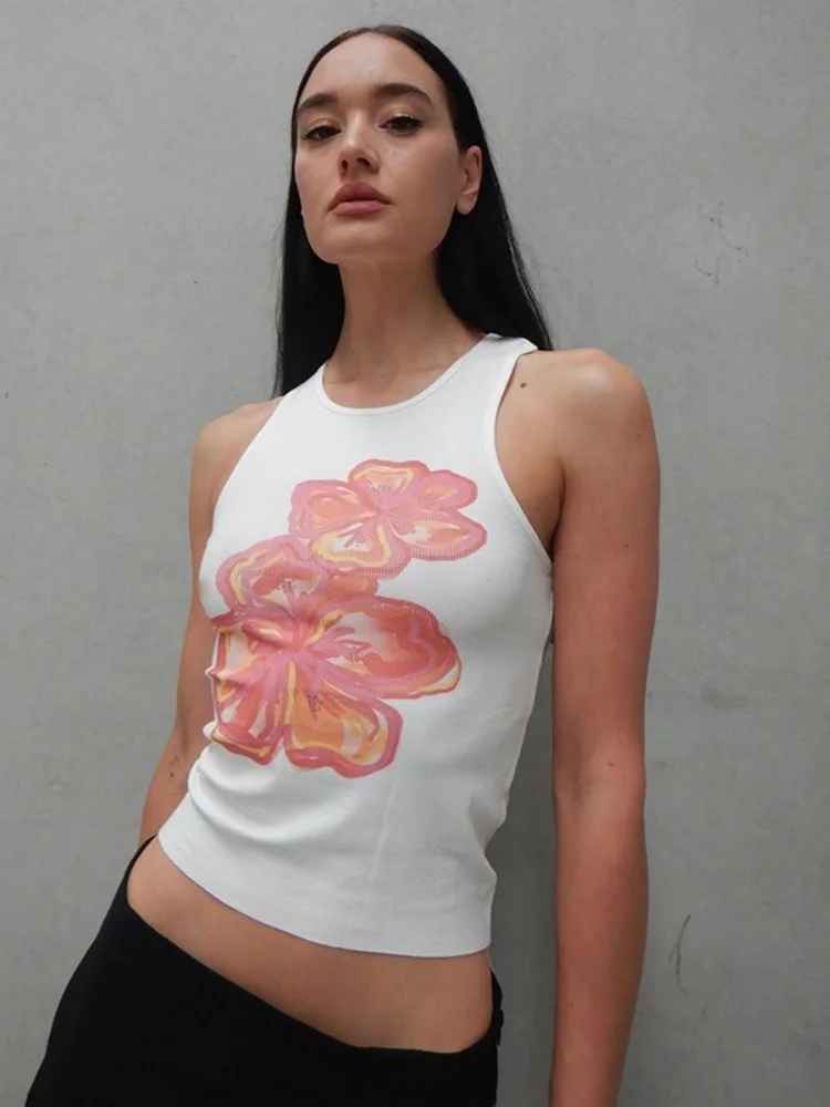 

Contrast Color Floral Print Tank Top Women Edgy Clothes Y2k Accessories White Crop Top Korean Fashion Clothing Ropa De Mujer