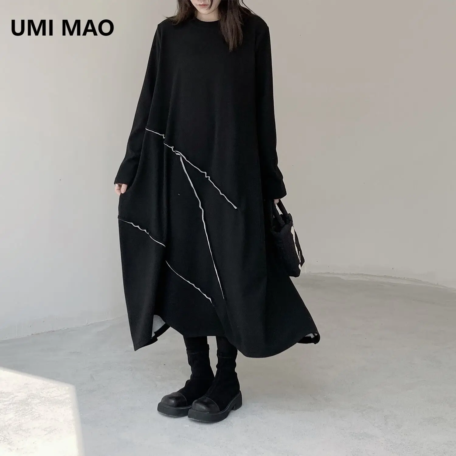 UMI MAO Original Dark Style Super Soft Glutinous Cashmere Patchwork Dresses Homemade Contrasting Base Long Dress Femme Y2K